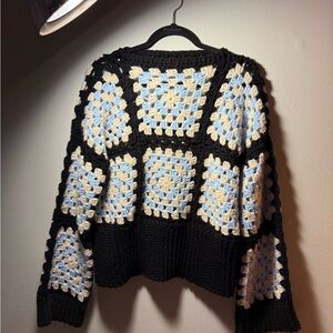 Granny Square Black and Cream Crochet Sweater